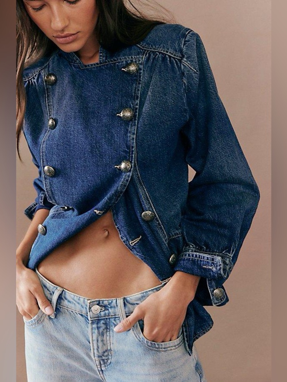 Free People Imogene Denim Officer Jacket in Ensign Wash L